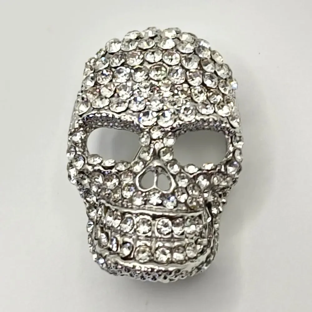 Rhinestone Skull Brooch Clear on Silver Tone Metal Goth Halloween